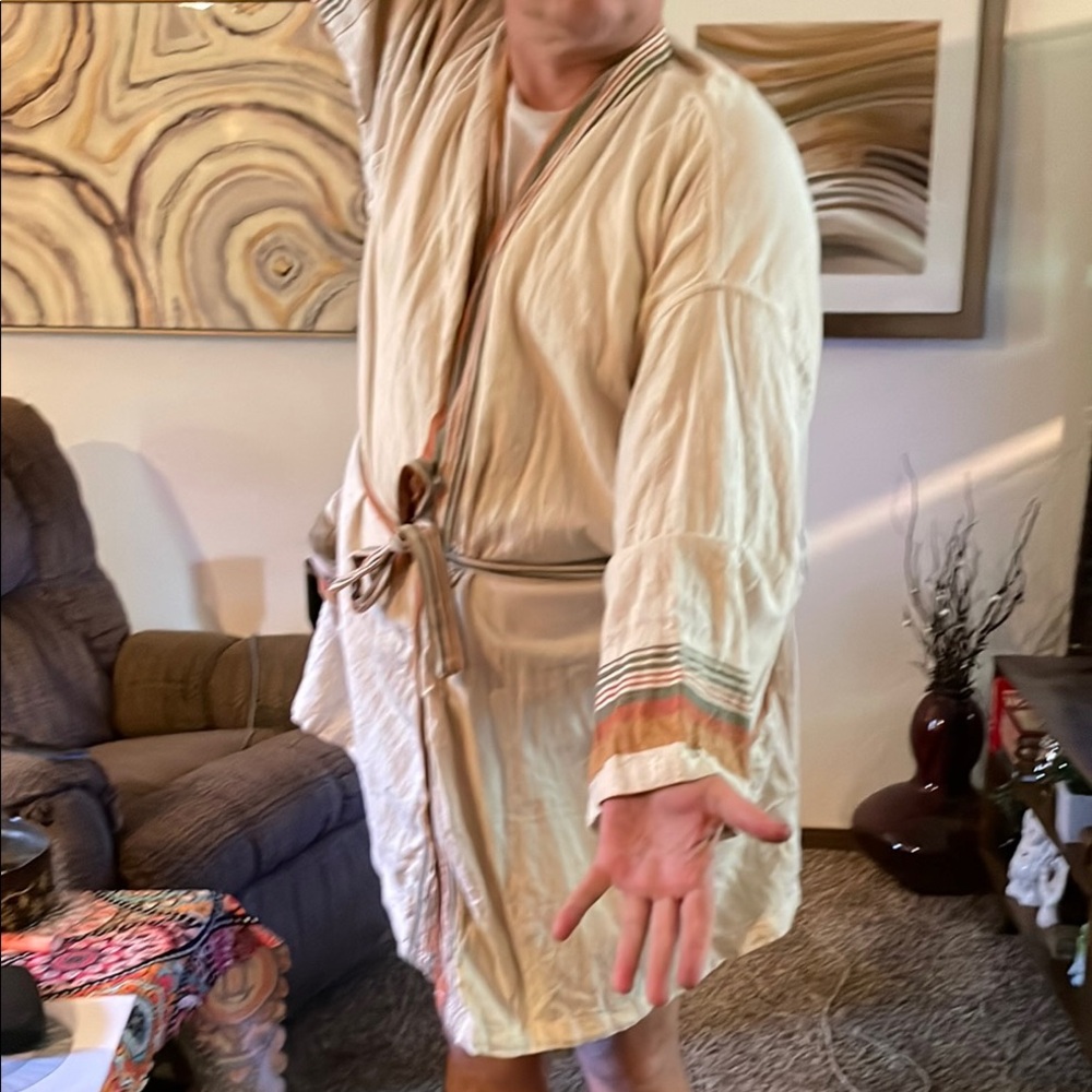 ODD BIRD, 4x, Unisex, 50/50 Linen/Cotton. The Cream Robe with Multicolor Accents